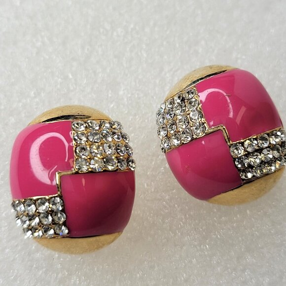 Pink And Gold Oval Small Earrings with Clear Crystals Small Fuschia Earrings - Picture 2 of 8